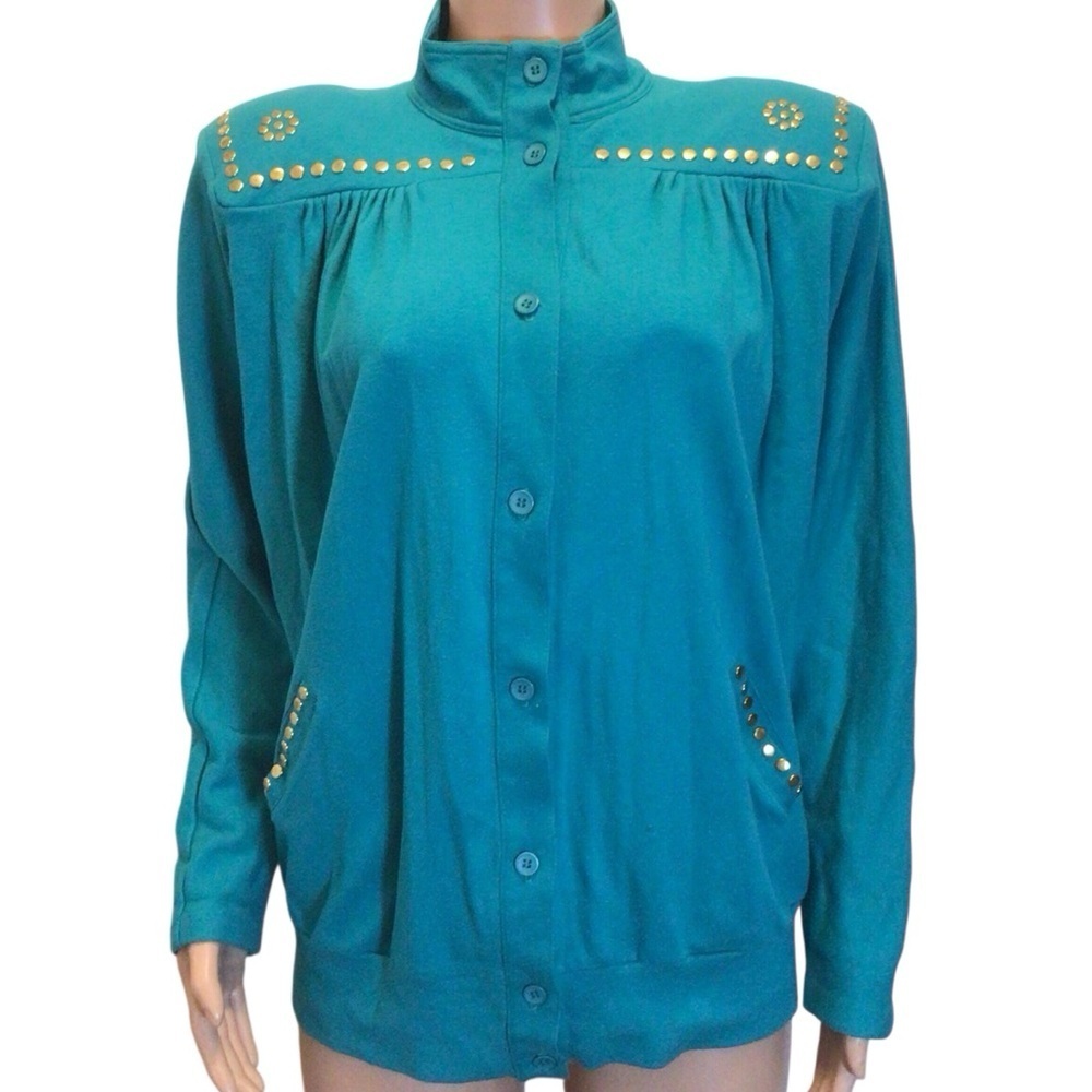 Vintage Ralph Teal Studded Jacket Western Glam Shoulder Pads Women’s Size L 80s - Picture 2 of 8
